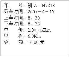 ı:  ţAH7218
˳ʱ䣺2007415
ϳʱ䣺830
³ʱ䣺835
 ۣ2.00Ԫ/Km
 ̣6.0Km
 16.00Ԫ
