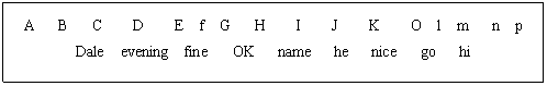 ı: A B C D E f G H I J K O l m n p 
Dale eveningfine OK name he nice go hi
