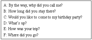 ı: A: By the way, why did you call me?
B: How long did you stay there?
C: Would you like to come to my birthday party?
D: Whats up?
E: How was your trip?
F: Where did you go?
