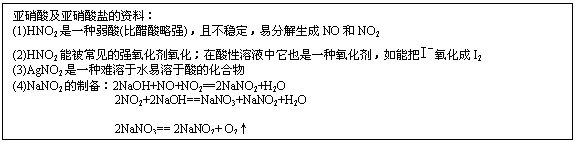 文本框: 亚硝酸及亚硝酸盐的资料:
(1)HNO2是一种弱酸(比醋酸略强),且不稳定,易分解生成NO和NO2
(2)HNO2能被常见的强氧化剂氧化;在酸性溶液中它也是一种氧化剂,如能把 氧化成I2
(3)AgNO2是一种难溶于水易溶于酸的化合物
(4)NaNO2的制备:2NaOH+NO+NO2==2NaNO2+H2O
2NO2+2NaOH==NaNO3+NaNO2+H2O
2NaNO3== 2NaNO2+ O2↑