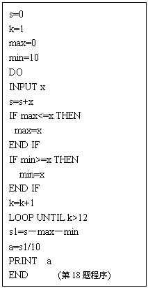 文本框: s=0
k=1
max=0
min=10
DO
INPUT x
s=s+x
IF max<=x THEN
max=x
END IF
IF min>=x THEN
min=x
END IF
k=k+1
LOOP UNTIL k>12
s1=s-max-min
a=s1/10
PRINT a
END (第18题程序)