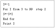 ı: S1
For I from 3 to 99 step 2
SS+I
End for
Print S

