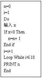 ı: n=0
i=1
Do
x
If x<0 Then 
n=n+ 1
End if
i=i+1
Loop While i10
PRINT n
End
