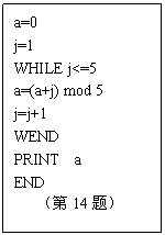 ı: a=0
j=1
WHILE j<=5
a=(a+j) mod 5
j=j+1
WEND
PRINT a 
END
14⣩
