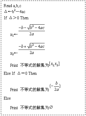 ı: Read a,b,c
b24ac
If 0 Then
 x1 
 x2 
 Print ʽĽ⼯Ϊ 
Else If 0 Then
 Print ʽĽ⼯Ϊ 
Else
 Print ʽĽ⼯Ϊ 
End If

