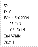 ı: S1
I0
While S2006
 II+3
 SS+1/I
End While
Print I
