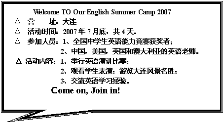 αע: Welcome TO Our English Summer Camp 2007
 Ӫ ַ
 ʱ䣺20077µף4졣
 μԱ1ȫѧӢߣ
 2йӢͰĴǵӢʦ
 ݣ1Ӣݽ
 2ۿѧݣ羰ʤ
 3Ӣѧϰ顣
 Come on, Join in!

