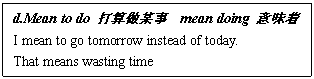 ı: d.Mean to do ĳ mean doing ζ
I mean to go tomorrow instead of today.
That means wasting time
