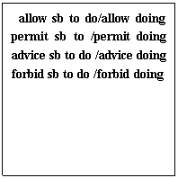 ı: allow sb to do/allow doing permit sb to /permit doing advice sb to do /advice doing forbid sb to do /forbid doing 