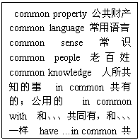ı: common property Ʋ common language  common sense ʶ common people ϰ common knowledge ֪ in common еģõ in common with ͬ͡У͡һ have in common С in common to sb ԡ˵ǳ