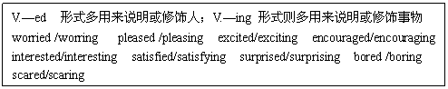 ı: V.ed ʽ˵ˣV.ing ʽ˵
worried /worring pleased /pleasing excited/exciting encouraged/encouraging 
interested/interesting satisfied/satisfying surprised/surprising bored /boring
scared/scaring
